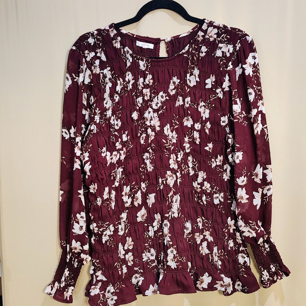 Maurices Smocked Blouse Womens 0X Burgundy Floral Long Sleeve Boho Peasant Top